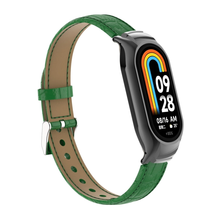 For Xiaomi Mi Band 8 Integrated Metal Case + Cocodile Texture Leather Watch Band(Green) - Smart Wear by PMC TechLife | Online Shopping South Africa | PMC TechLife
