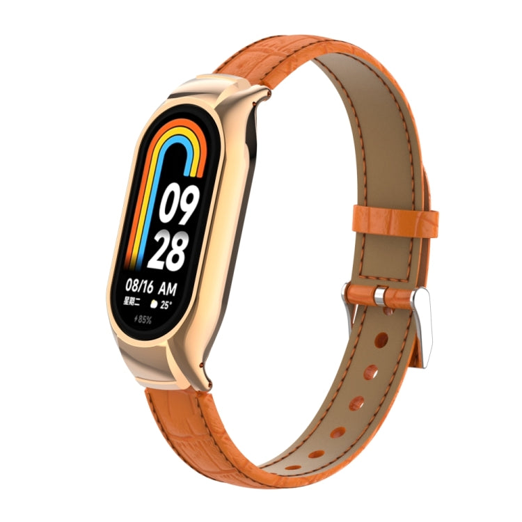For Xiaomi Mi Band 8 Integrated Metal Case + Cocodile Texture Leather Watch Band(Orange) - Smart Wear by PMC TechLife | Online Shopping South Africa | PMC TechLife
