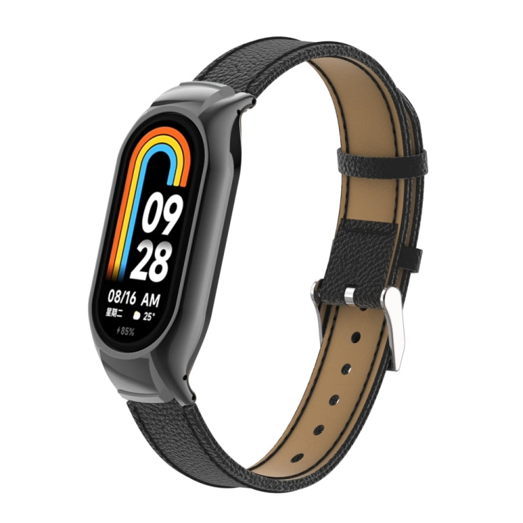 For Xiaomi Mi Band 8 Integrated Metal Case + Litchi Texture Leather Watch Band(Black) - Smart Wear by PMC TechLife | Online Shopping South Africa | PMC TechLife