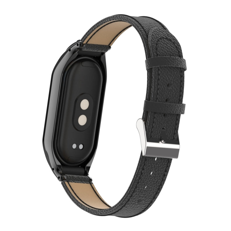For Xiaomi Mi Band 8 Integrated Metal Case + Litchi Texture Leather Watch Band(Black) - Smart Wear by PMC TechLife | Online Shopping South Africa | PMC TechLife