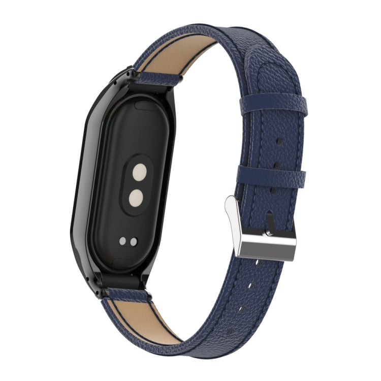 For Xiaomi Mi Band 8 Integrated Metal Case + Litchi Texture Leather Watch Band(Blue) - Smart Wear by PMC TechLife | Online Shopping South Africa | PMC TechLife