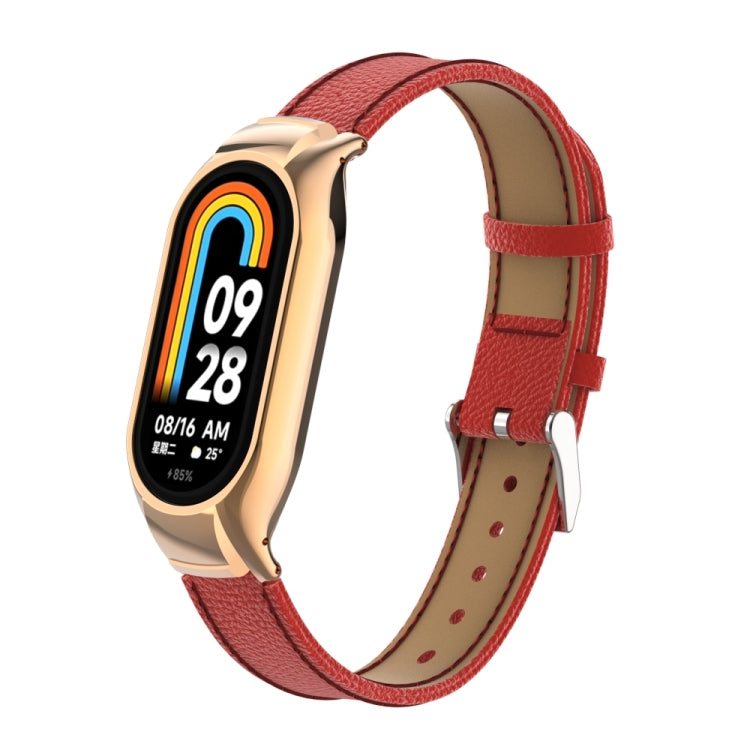 For Xiaomi Mi Band 8 Integrated Metal Case + Litchi Texture Leather Watch Band(Red) - Smart Wear by PMC TechLife | Online Shopping South Africa | PMC TechLife