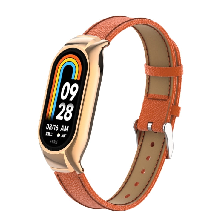 For Xiaomi Mi Band 8 Integrated Metal Case + Litchi Texture Leather Watch Band(Orange) - Smart Wear by PMC TechLife | Online Shopping South Africa | PMC TechLife