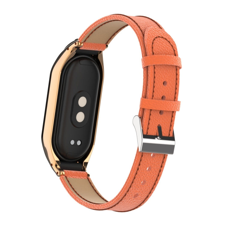 For Xiaomi Mi Band 8 Integrated Metal Case + Litchi Texture Leather Watch Band(Orange) - Smart Wear by PMC TechLife | Online Shopping South Africa | PMC TechLife