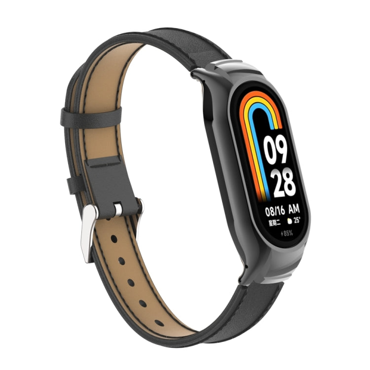 For Xiaomi Mi Band 8 Integrated Metal Case + Microfiber Sewing Leather Watch Band(Black) - Smart Wear by PMC TechLife | Online Shopping South Africa | PMC TechLife