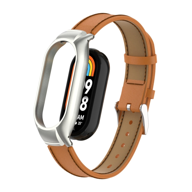 For Xiaomi Mi Band 8 Integrated Metal Case + Microfiber Sewing Leather Watch Band(Brown) - Smart Wear by PMC TechLife | Online Shopping South Africa | PMC TechLife