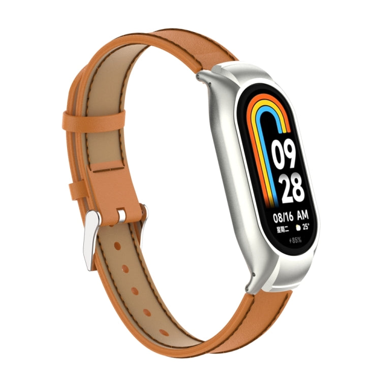For Xiaomi Mi Band 8 Integrated Metal Case + Microfiber Sewing Leather Watch Band(Brown) - Smart Wear by PMC TechLife | Online Shopping South Africa | PMC TechLife