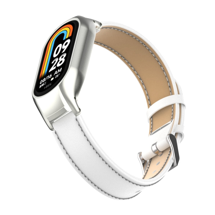 For Xiaomi Mi Band 8 Integrated Metal Case + Microfiber Sewing Leather Watch Band(White) - Smart Wear by PMC TechLife | Online Shopping South Africa | PMC TechLife