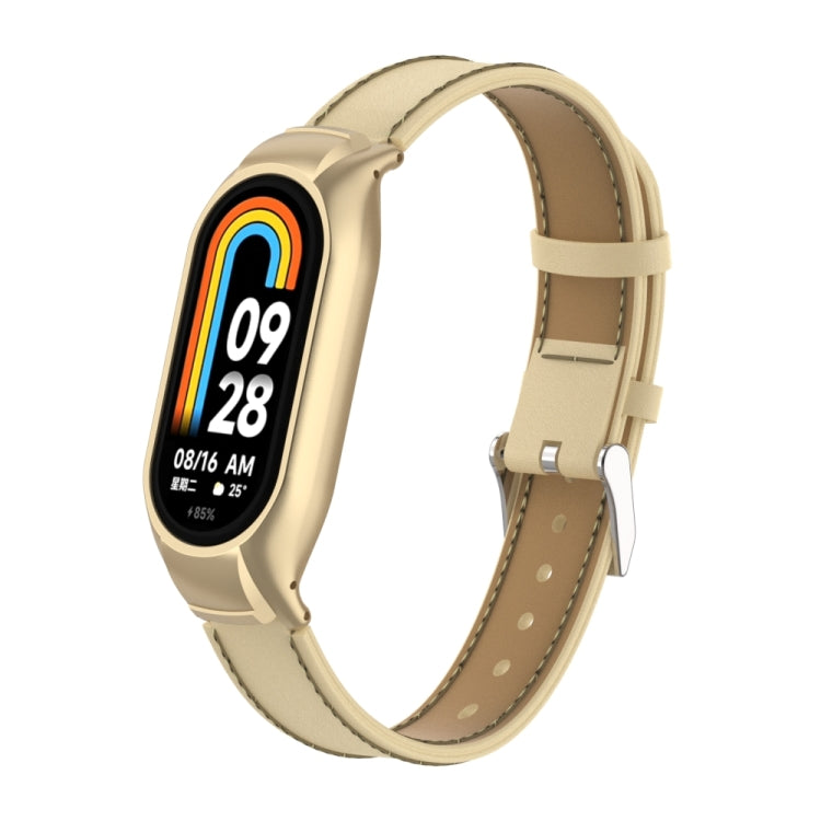 For Xiaomi Mi Band 8 Integrated Metal Case + Microfiber Sewing Leather Watch Band(Champagne) - Smart Wear by PMC TechLife | Online Shopping South Africa | PMC TechLife