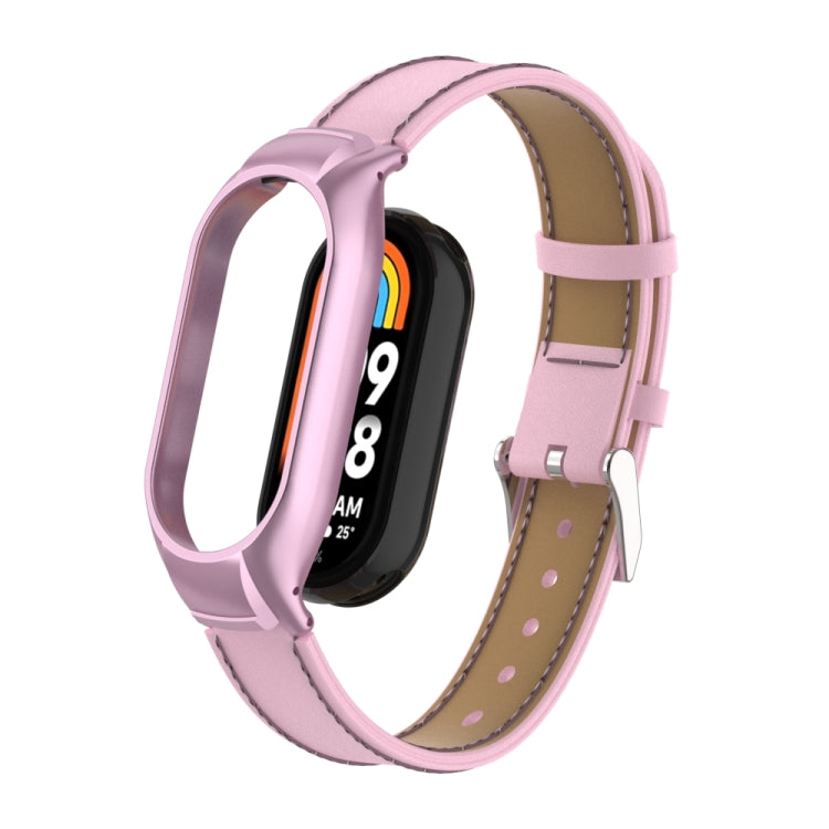 For Xiaomi Mi Band 8 Integrated Metal Case + Microfiber Sewing Leather Watch Band(Pink) - Smart Wear by PMC TechLife | Online Shopping South Africa | PMC TechLife