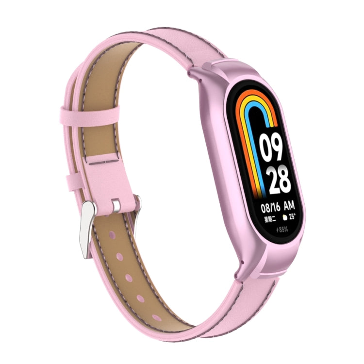 For Xiaomi Mi Band 8 Integrated Metal Case + Microfiber Sewing Leather Watch Band(Pink) - Smart Wear by PMC TechLife | Online Shopping South Africa | PMC TechLife