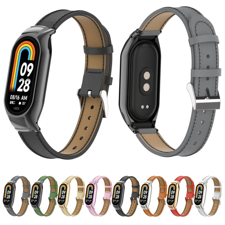 For Xiaomi Mi Band 8 Integrated Metal Case + Microfiber Sewing Leather Watch Band(Pink) - Smart Wear by PMC TechLife | Online Shopping South Africa | PMC TechLife