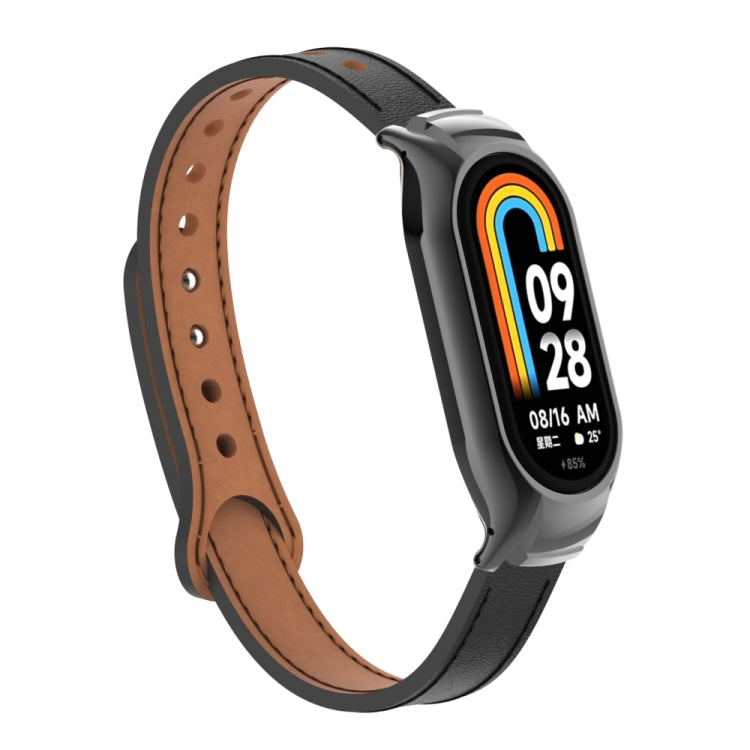 For Xiaomi Mi Band 8 Integrated Metal Case + Double Nail Microfiber Leather Watch Band(Black) - Smart Wear by PMC TechLife | Online Shopping South Africa | PMC TechLife
