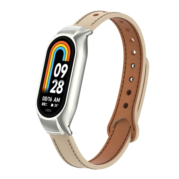 For Xiaomi Mi Band 8 Integrated Metal Case + Double Nail Microfiber Leather Watch Band(Milk Tea Color) - Smart Wear by PMC TechLife | Online Shopping South Africa | PMC TechLife