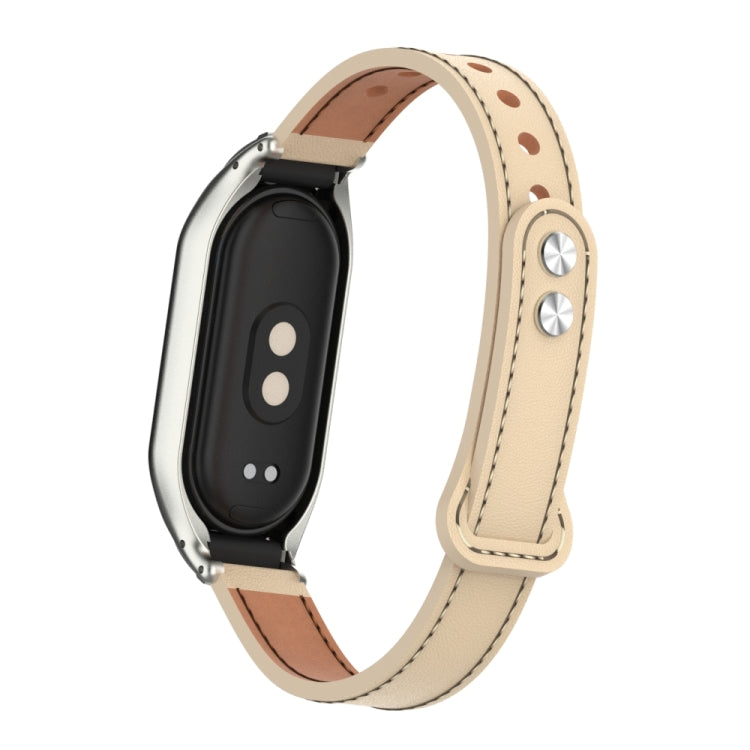 For Xiaomi Mi Band 8 Integrated Metal Case + Double Nail Microfiber Leather Watch Band(Milk Tea Color) - Smart Wear by PMC TechLife | Online Shopping South Africa | PMC TechLife