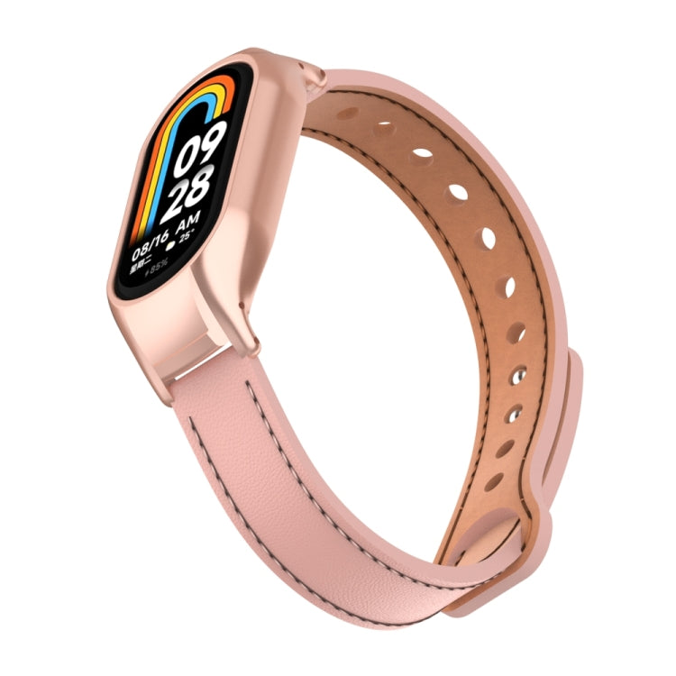 For Xiaomi Mi Band 8 Integrated Metal Case + Double Nail Microfiber Leather Watch Band(Pink) - Smart Wear by PMC TechLife | Online Shopping South Africa | PMC TechLife