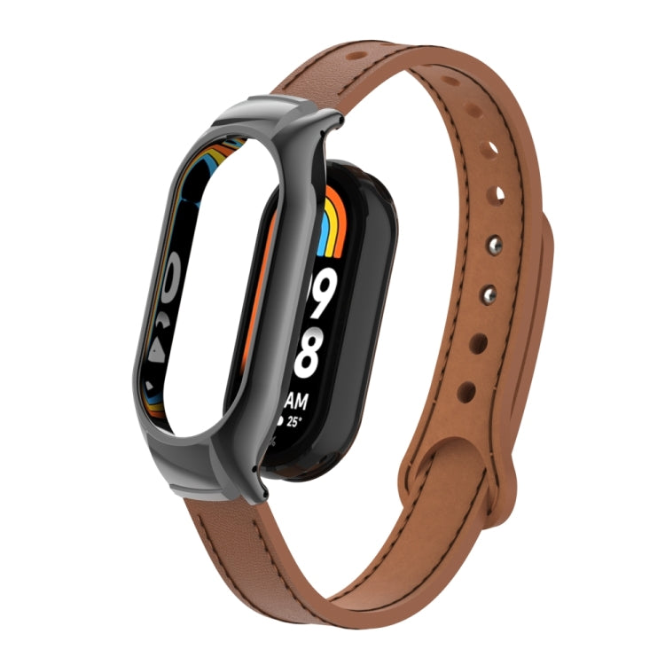 For Xiaomi Mi Band 8 Integrated Metal Case + Double Nail Microfiber Leather Watch Band(Brown) - Smart Wear by PMC TechLife | Online Shopping South Africa | PMC TechLife