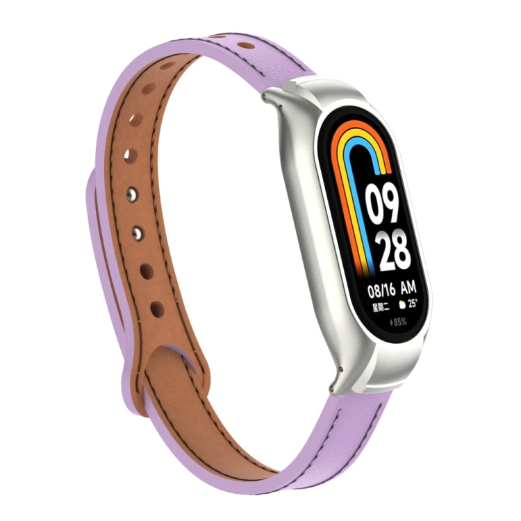 For Xiaomi Mi Band 8 Integrated Metal Case + Double Nail Microfiber Leather Watch Band(Pink Purple) - Smart Wear by PMC TechLife | Online Shopping South Africa | PMC TechLife