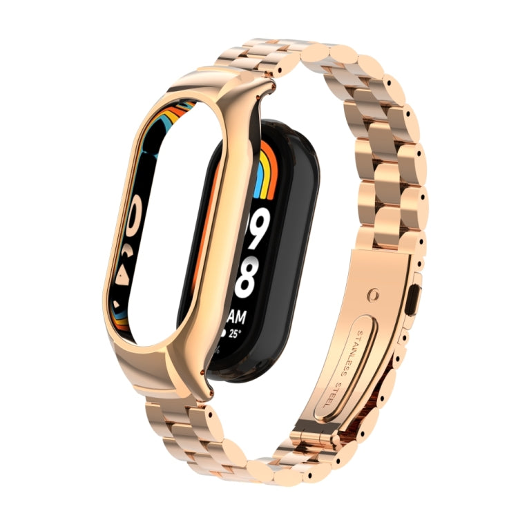 For Xiaomi Mi Band 8 Integrated Metal Case + Three-bead Watch Band(Rose Gold) - Smart Wear by PMC TechLife | Online Shopping South Africa | PMC TechLife