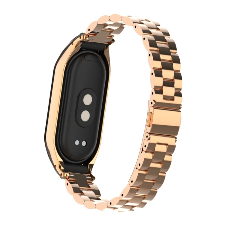 For Xiaomi Mi Band 8 Integrated Metal Case + Three-bead Watch Band(Rose Gold) - Smart Wear by PMC TechLife | Online Shopping South Africa | PMC TechLife