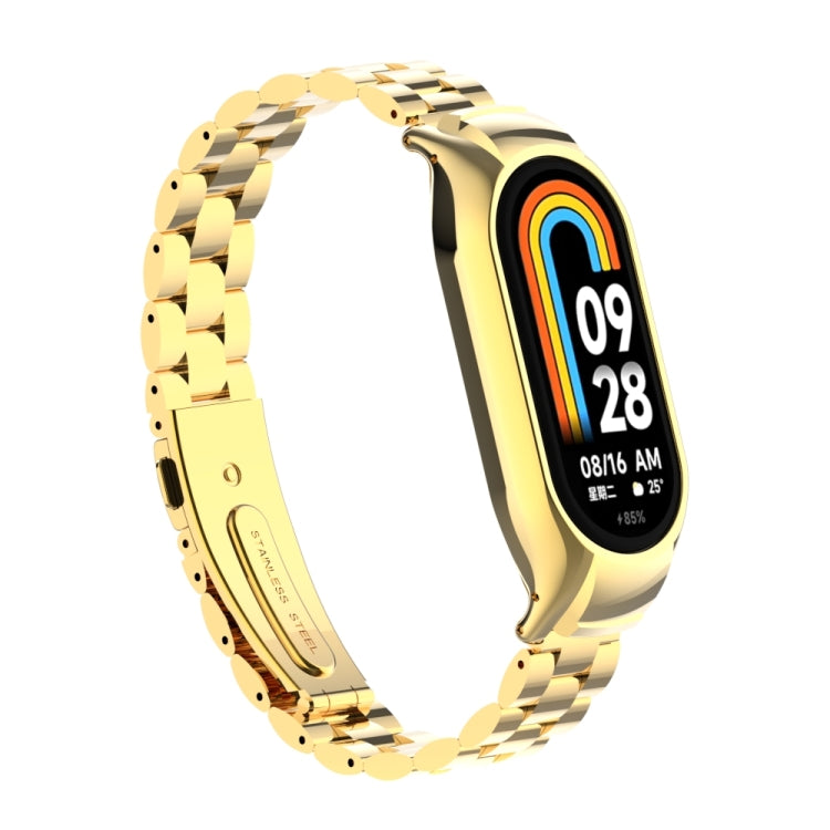 For Xiaomi Mi Band 8 Integrated Metal Case + Three-bead Watch Band(Gold) - Smart Wear by PMC TechLife | Online Shopping South Africa | PMC TechLife