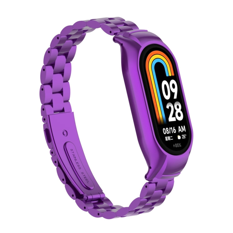 For Xiaomi Mi Band 8 Integrated Metal Case + Three-bead Watch Band(Purple) - Smart Wear by PMC TechLife | Online Shopping South Africa | PMC TechLife