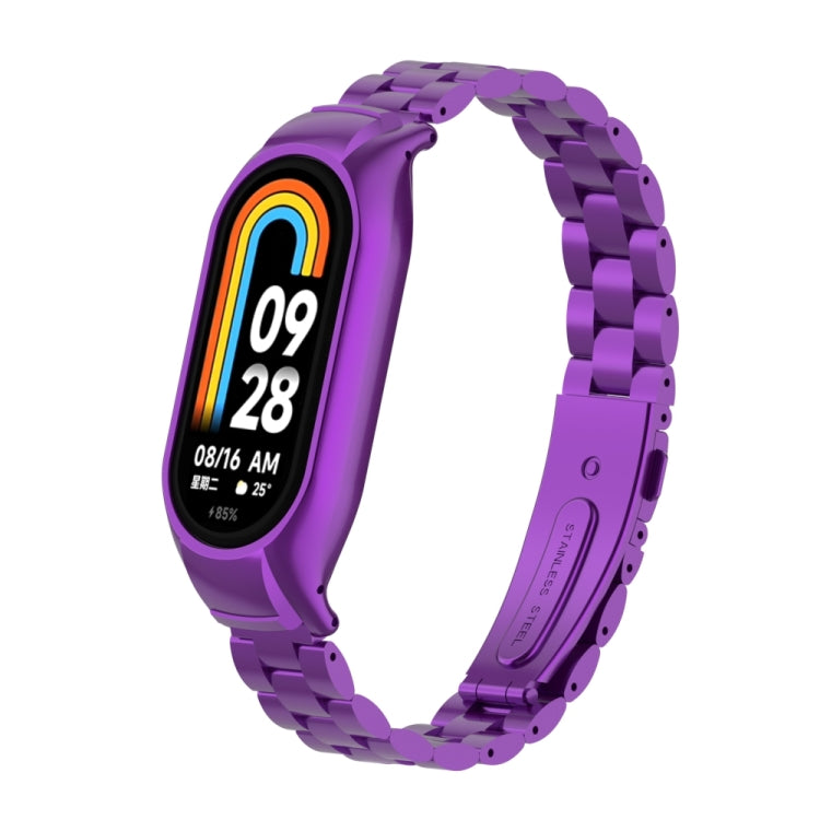 For Xiaomi Mi Band 8 Integrated Metal Case + Three-bead Watch Band(Purple) - Smart Wear by PMC TechLife | Online Shopping South Africa | PMC TechLife
