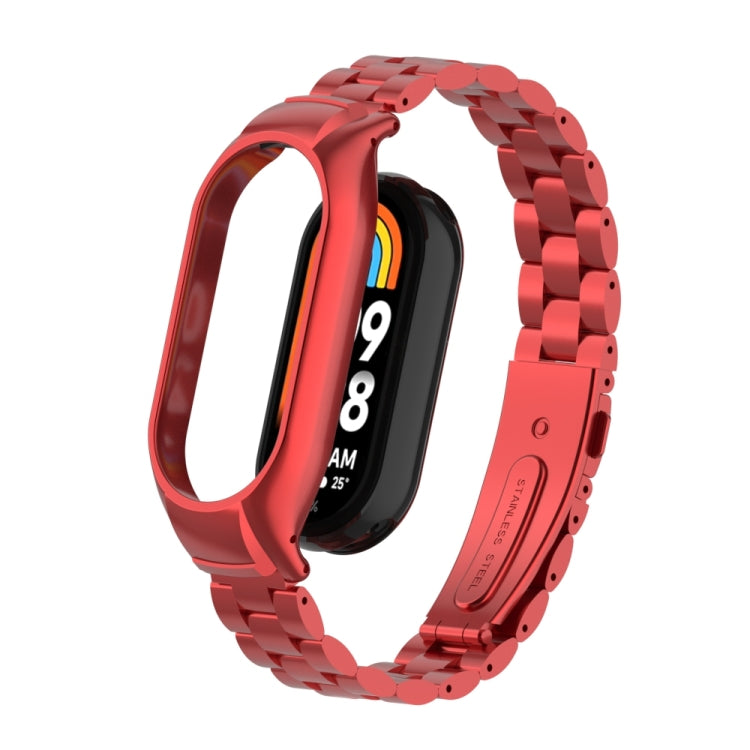 For Xiaomi Mi Band 8 Integrated Metal Case + Three-bead Watch Band(Red) - Smart Wear by PMC TechLife | Online Shopping South Africa | PMC TechLife