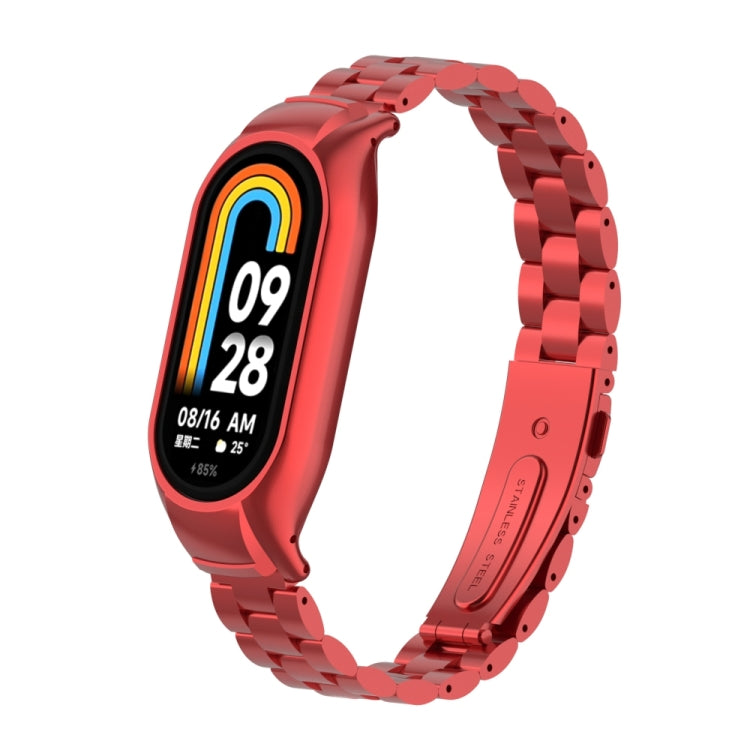For Xiaomi Mi Band 8 Integrated Metal Case + Three-bead Watch Band(Red) - Smart Wear by PMC TechLife | Online Shopping South Africa | PMC TechLife