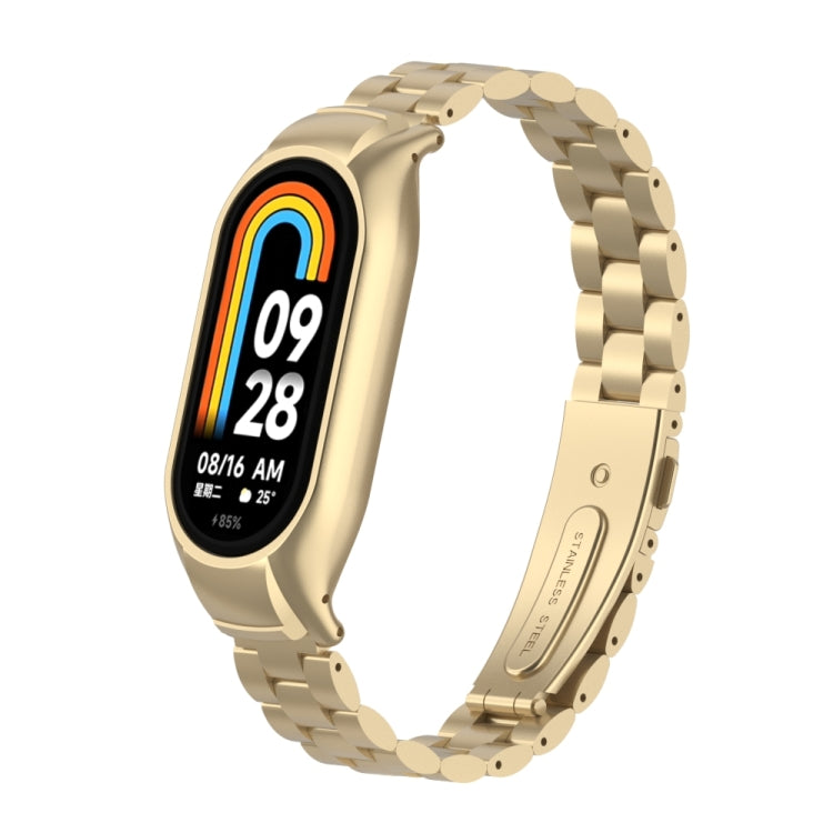 For Xiaomi Mi Band 8 Integrated Metal Case + Three-bead Watch Band(Retro Gold) - Smart Wear by PMC TechLife | Online Shopping South Africa | PMC TechLife