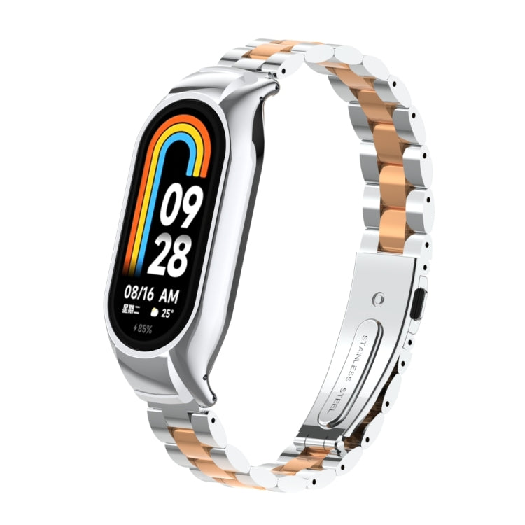 For Xiaomi Mi Band 8 Integrated Metal Case + Three-bead Watch Band(Silver+Rose Gold) - Smart Wear by PMC TechLife | Online Shopping South Africa | PMC TechLife