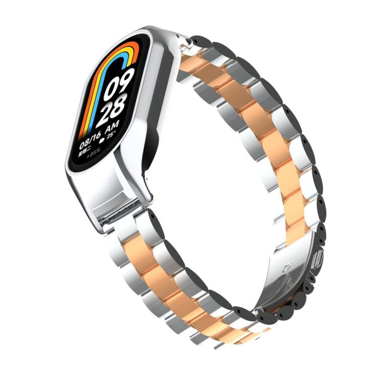 For Xiaomi Mi Band 8 Integrated Metal Case + Three-bead Watch Band(Silver+Rose Gold) - Smart Wear by PMC TechLife | Online Shopping South Africa | PMC TechLife