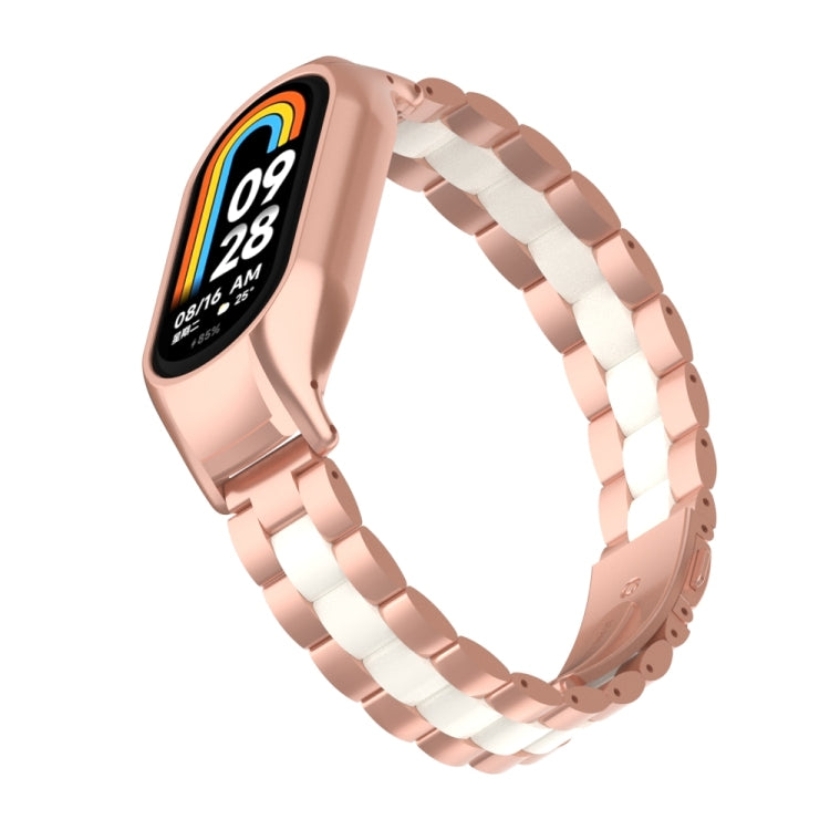 For Xiaomi Mi Band 8 Integrated Metal Case + Three-bead Watch Band(Rose Red+White) - Smart Wear by PMC TechLife | Online Shopping South Africa | PMC TechLife