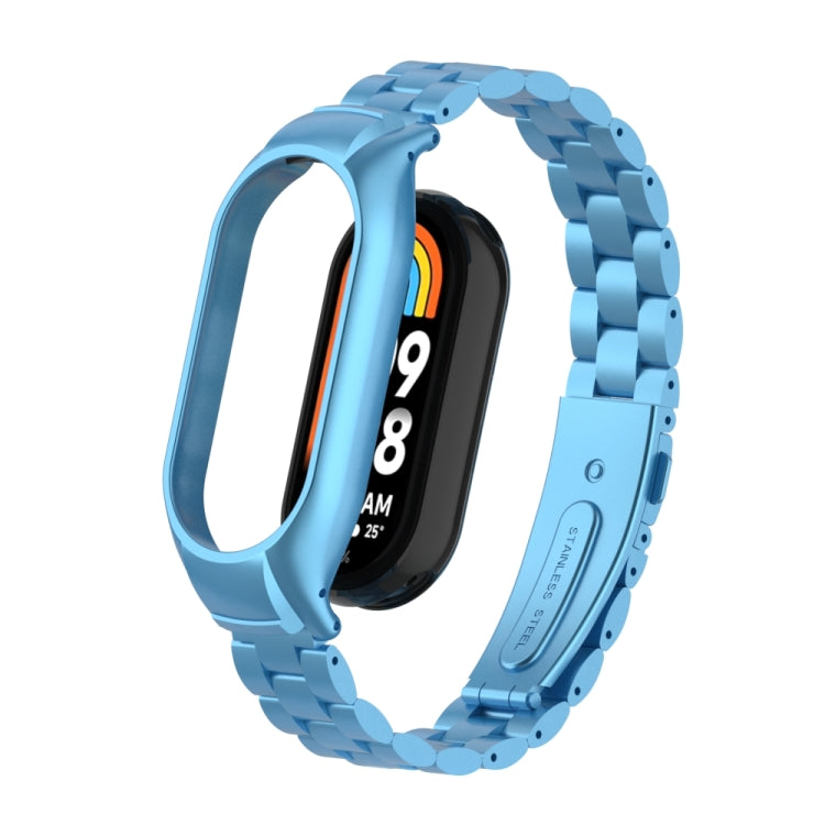 For Xiaomi Mi Band 8 Integrated Metal Case + Three-bead Watch Band(Sky Blue) - Smart Wear by PMC TechLife | Online Shopping South Africa | PMC TechLife