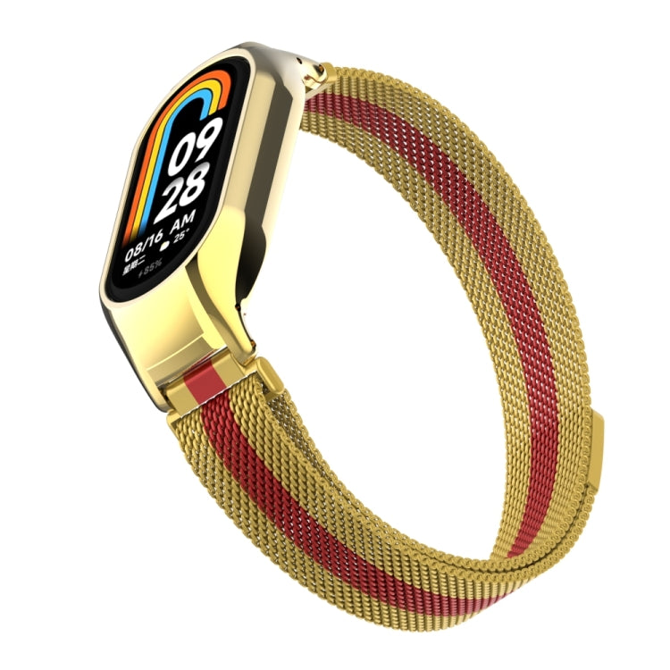 For Xiaomi Mi Band 8 Integrated Metal Case + Milanese Magnetic Watch Band(Gold+Red) - Smart Wear by PMC TechLife | Online Shopping South Africa | PMC TechLife