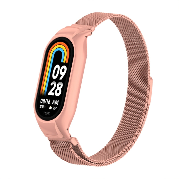 For Xiaomi Mi Band 8 Integrated Metal Case + Milanese Magnetic Watch Band(Bright Pink) - Smart Wear by PMC TechLife | Online Shopping South Africa | PMC TechLife