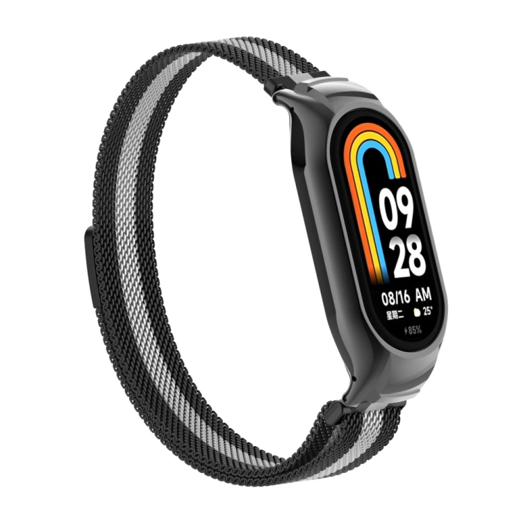 For Xiaomi Mi Band 8 Integrated Metal Case + Milanese Magnetic Watch Band(Black+Silver) - Smart Wear by PMC TechLife | Online Shopping South Africa | PMC TechLife