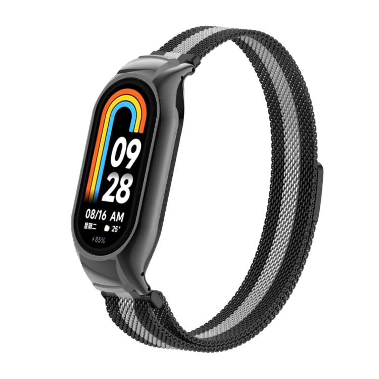 For Xiaomi Mi Band 8 Integrated Metal Case + Milanese Magnetic Watch Band(Black+Silver) - Smart Wear by PMC TechLife | Online Shopping South Africa | PMC TechLife