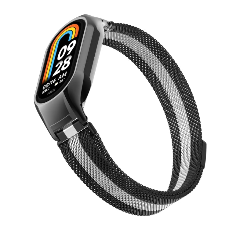 For Xiaomi Mi Band 8 Integrated Metal Case + Milanese Magnetic Watch Band(Black+Silver) - Smart Wear by PMC TechLife | Online Shopping South Africa | PMC TechLife