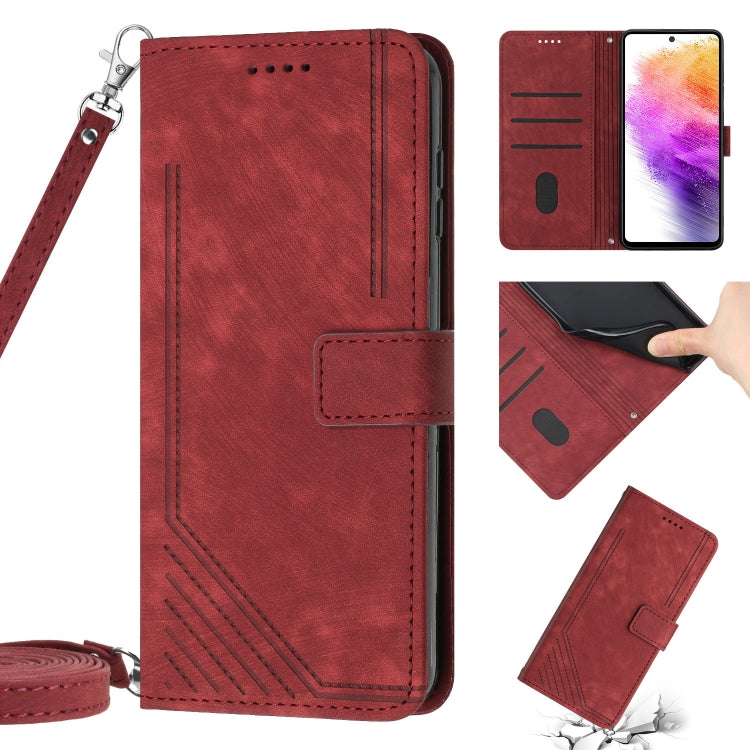 For Samsung Galaxy A03 Core Skin Feel Stripe Pattern Leather Phone Case with Lanyard(Red) - free shipping - PMC TechLife - Order now!
