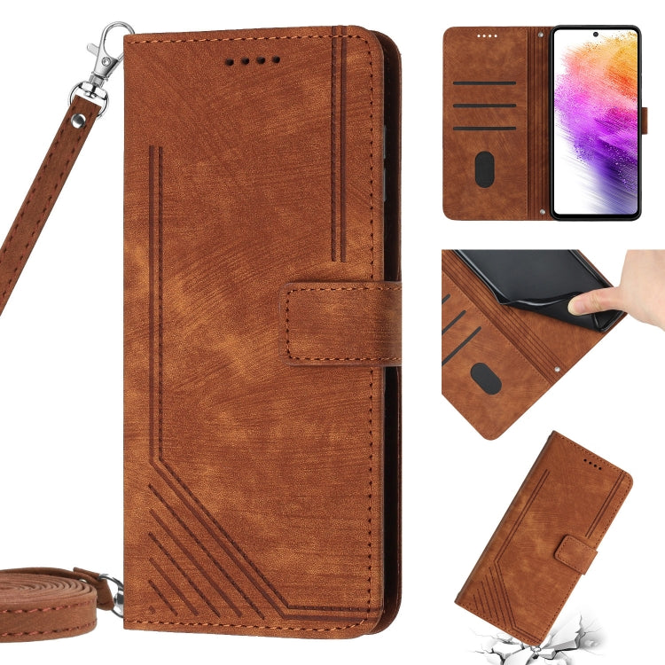 For Samsung Galaxy A12 4G / M12 / F12 4G Skin Feel Stripe Pattern Leather Phone Case with Lanyard(Brown) - free shipping - PMC TechLife - Order now!