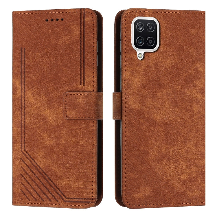 For Samsung Galaxy A12 4G / M12 / F12 4G Skin Feel Stripe Pattern Leather Phone Case with Lanyard(Brown) - free shipping - PMC TechLife - Order now!