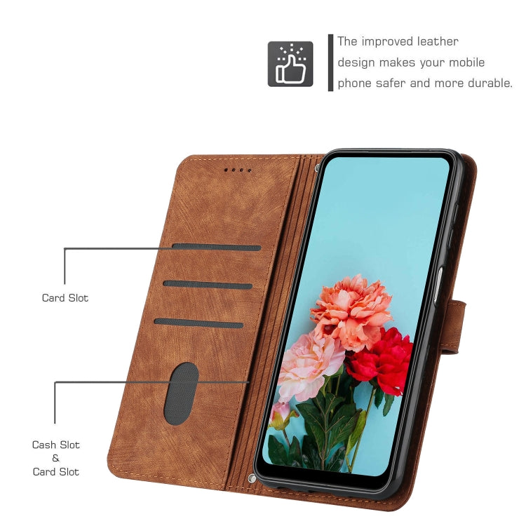 For Samsung Galaxy A12 4G / M12 / F12 4G Skin Feel Stripe Pattern Leather Phone Case with Lanyard(Brown) - free shipping - PMC TechLife - Order now!
