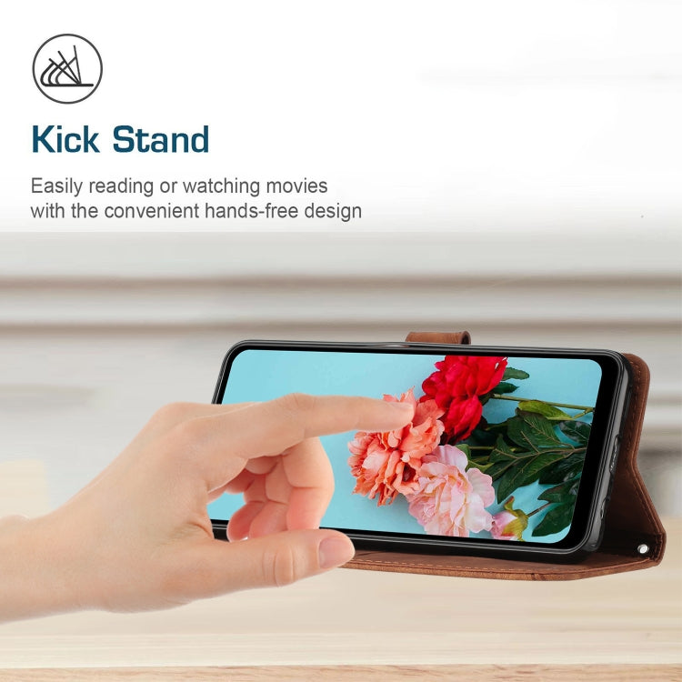 For Samsung Galaxy A12 4G / M12 / F12 4G Skin Feel Stripe Pattern Leather Phone Case with Lanyard(Brown) - free shipping - PMC TechLife - Order now!