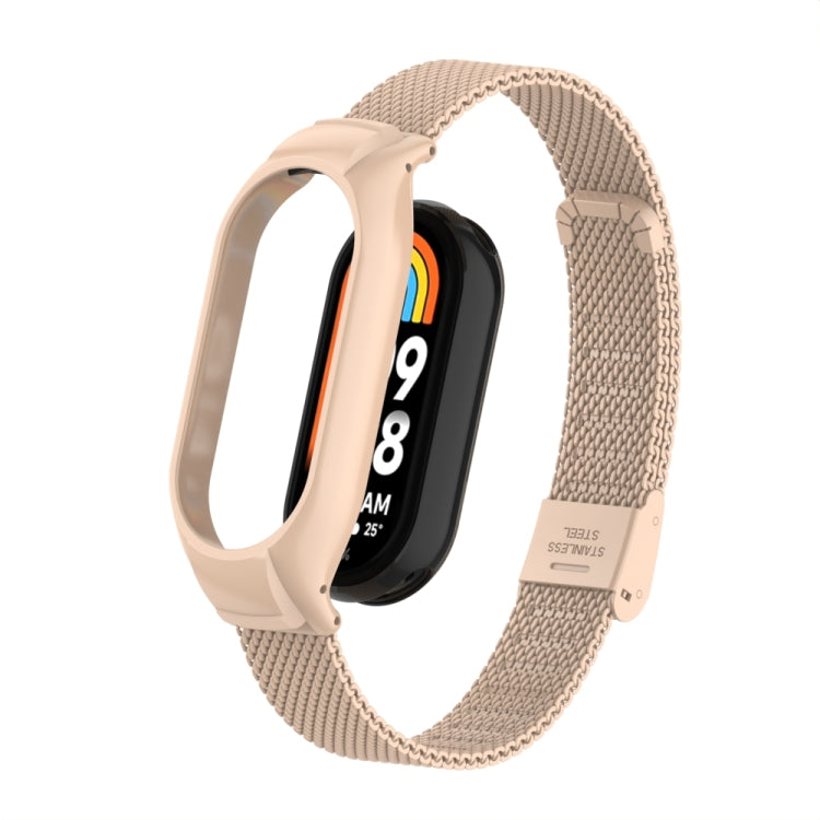 For Xiaomi Mi Band 8 Integrated Metal Case + Steel Mesh Buckle Watch Band(Milk Tea Color) - Smart Wear by PMC TechLife | Online Shopping South Africa | PMC TechLife
