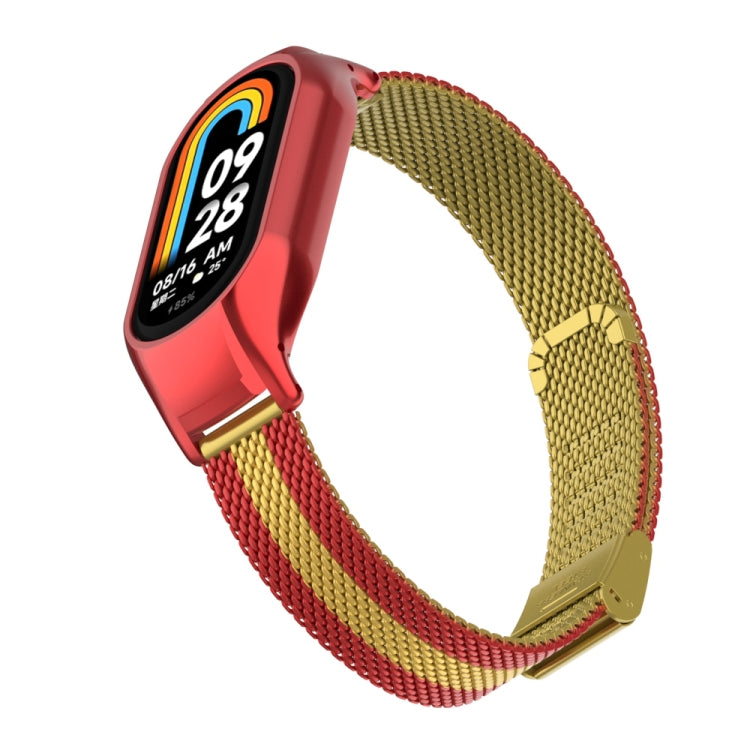 For Xiaomi Mi Band 8 Integrated Metal Case + Steel Mesh Buckle Watch Band(Red+Gold) - Smart Wear by PMC TechLife | Online Shopping South Africa | PMC TechLife