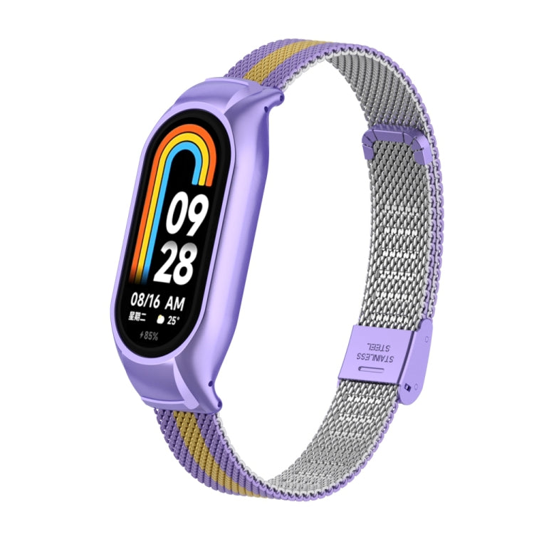For Xiaomi Mi Band 8 Integrated Metal Case + Steel Mesh Buckle Watch Band(Purple+Gold) - Smart Wear by PMC TechLife | Online Shopping South Africa | PMC TechLife