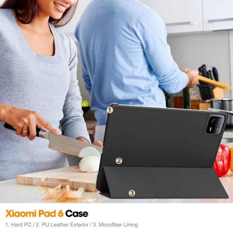 For Xiaomi Pad 6 / 6 Pro Custer Texture 3-Fold Holder Leather Smart Tablet Case(Black) - Xiaomi Cases by PMC TechLife | Online Shopping South Africa | PMC TechLife | Buy Now Pay Later Mobicred