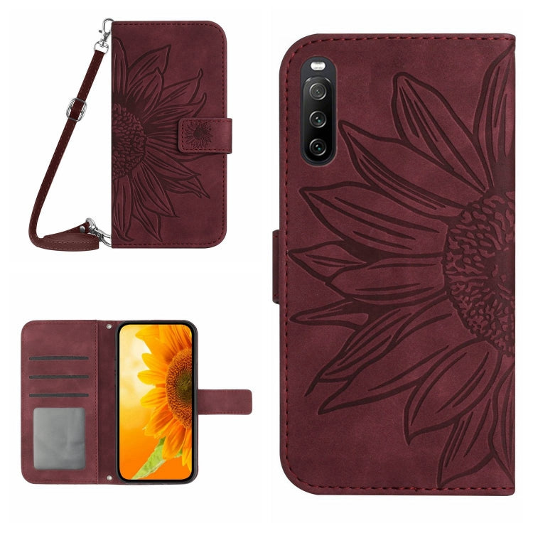 For Sony Xperia 10 V HT04 Skin Feel Sun Flower Embossed Flip Leather Phone Case with Lanyard(Wine Red) - Sony Cases by PMC TechLife | Online Shopping South Africa | PMC TechLife