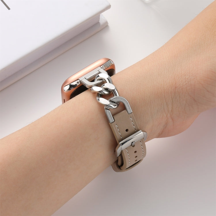 Chain Genuine Leather Watch Band For Apple Watch Series 8&7 41mm / SE 2&6&SE&5&4 40mm / 3&2&1 38mm, Size:L(Apricot) - Smart Wear by PMC TechLife | Online Shopping South Africa | PMC TechLife